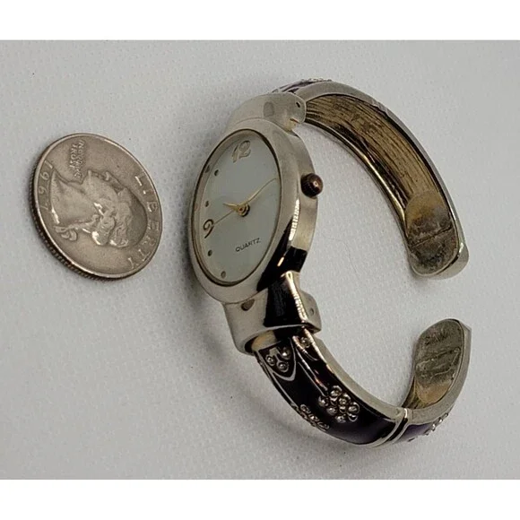Women's Classic Oval Silver Tone White Dial Purple Cuff Bracelet Watch 01 - Picture 6 of 8